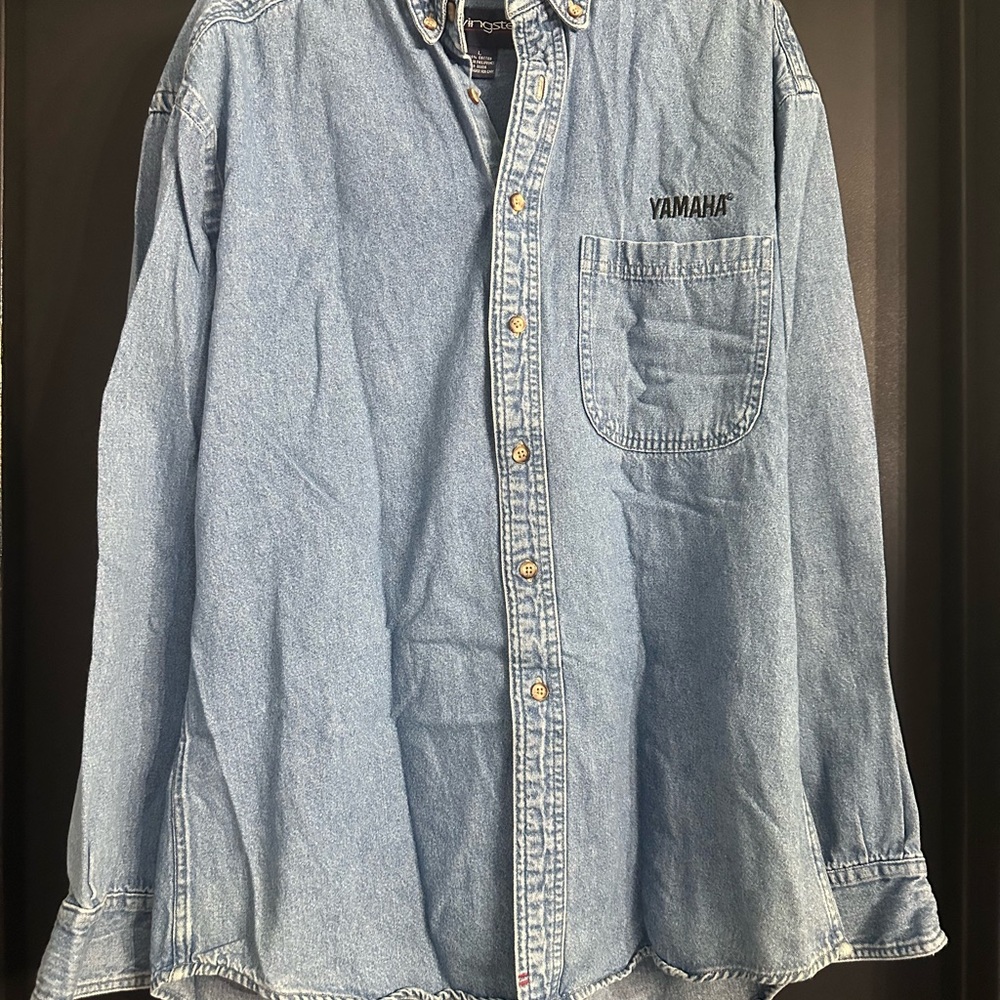 Vintage Yamaha Men's Blue Casual Button Down Shirt Sz Lrg